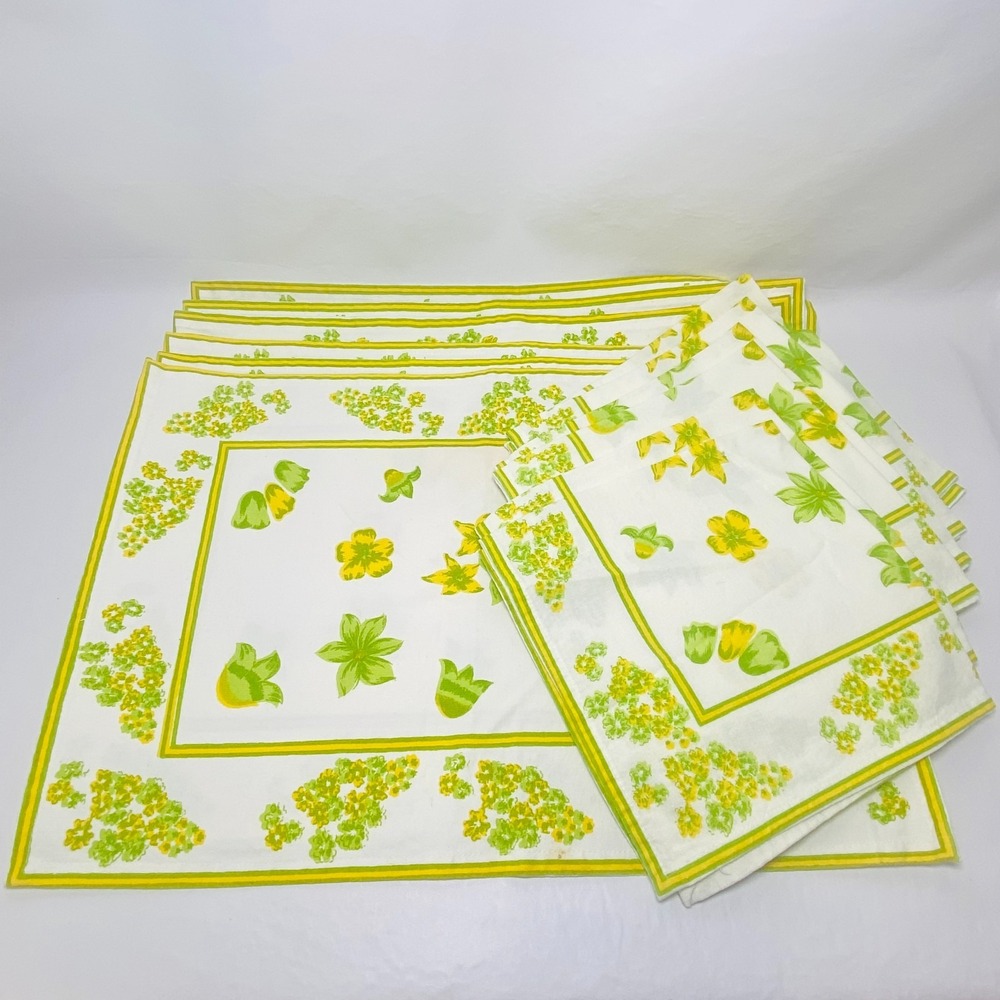 Vintage Floral Set‎ Of 6 Placemats & 6 Napkins Green Yellow Flower MCM 70s Boho